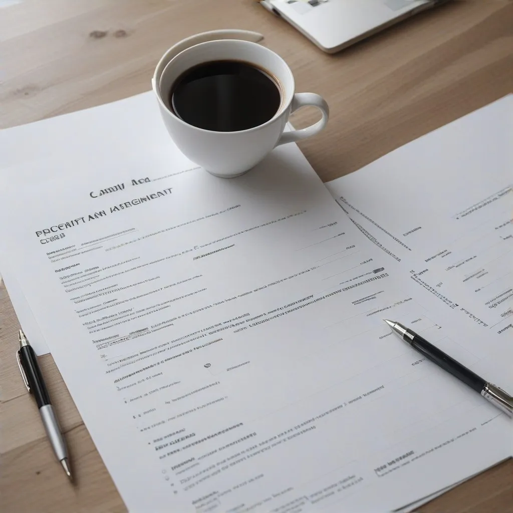 An image representing the concept of a professional business agreement or contract, symbolizing trust and clarity. The scene could depict a desk with neatly arranged documents, a pen placed on top of a contract, and a hand about to sign the document. Additional elements might include a laptop and a cup of coffee in the background to suggest a professional working environment. The image should evoke a sense of reliability and transparency, aligning with the theme of explaining the terms and conditions of an offer agreement.